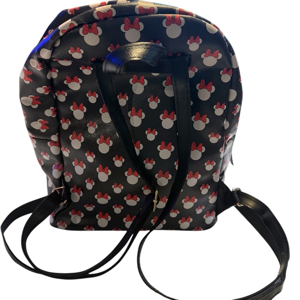 Disney Minnie Mouse Bow Print Backpack Black Faux Leather Mini Backpack - Picture 6 of 7